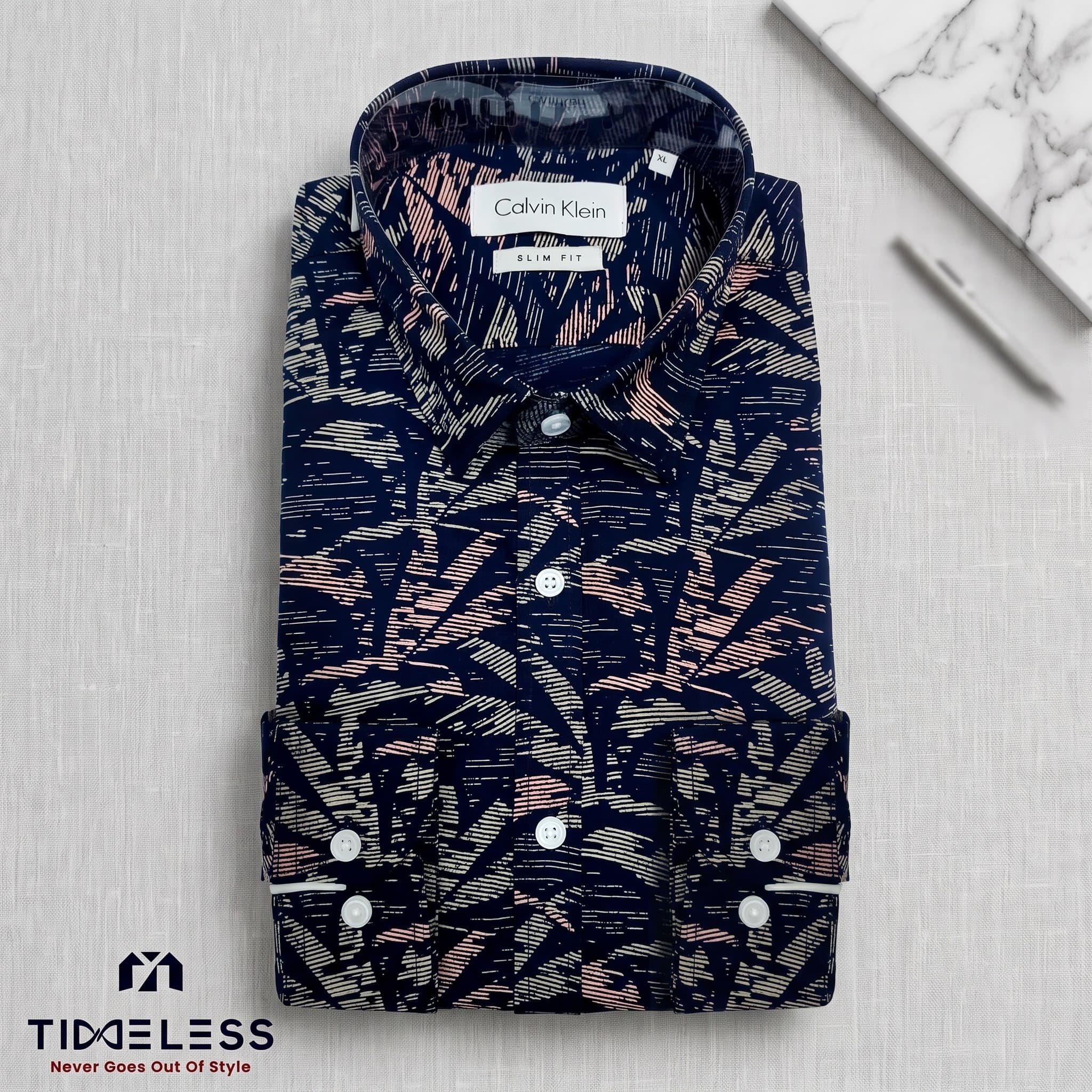 Navy Tropical Print Formal Shirt